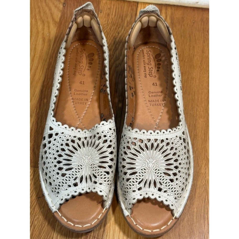 Spring Step Brandal Light Grey Leather Cutout Peep Toe Flats EU 41 US 9.5-10